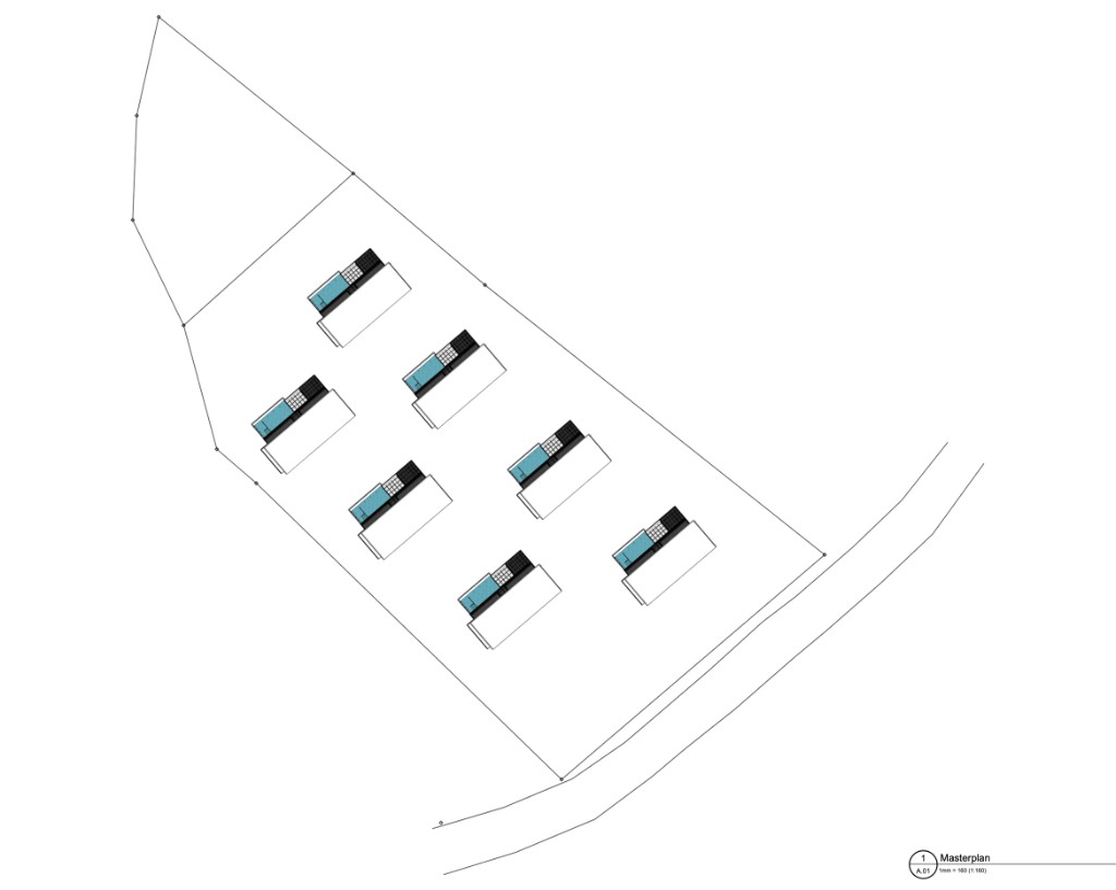 A.01 Masterplan - top view showing 6-8 villa placement on terrain with pools