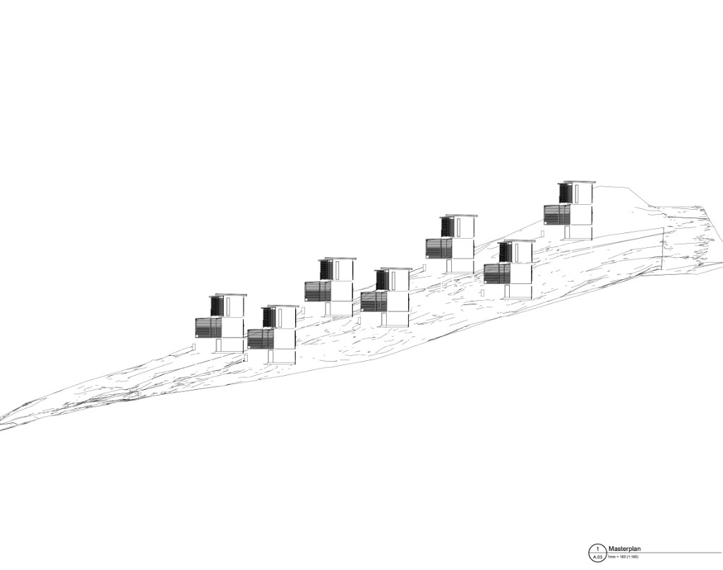 A.03 3D massing model - villas cascading down the hillside in perspective