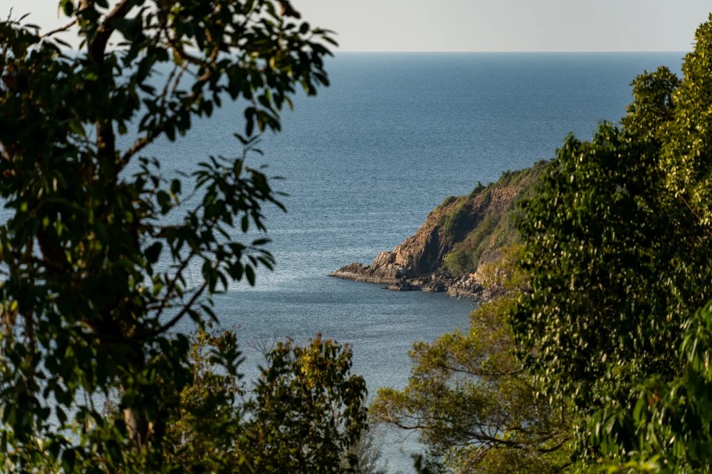 Rocky tropical headland and deep blue sea through foliage
